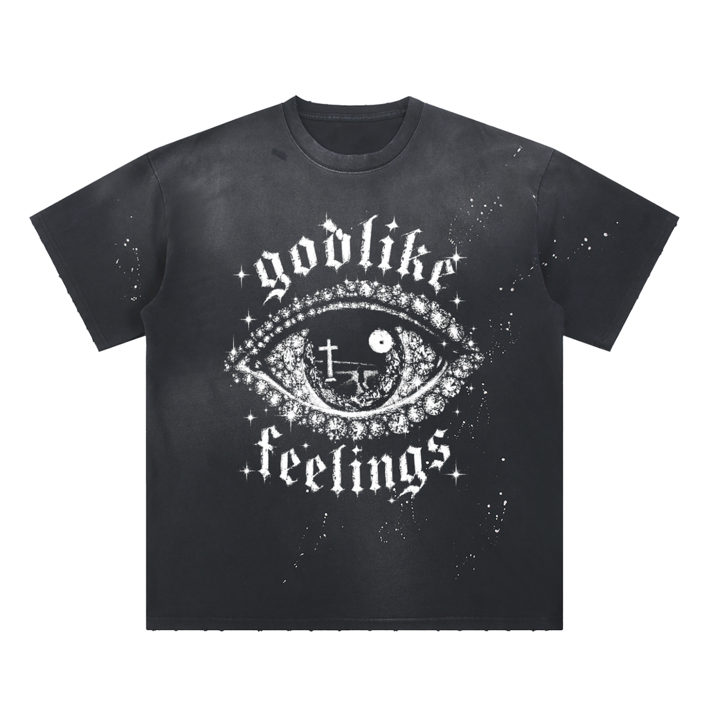 Godlike Feelings Hand-Frayed Sunfade Paint Splatter T-Shirt