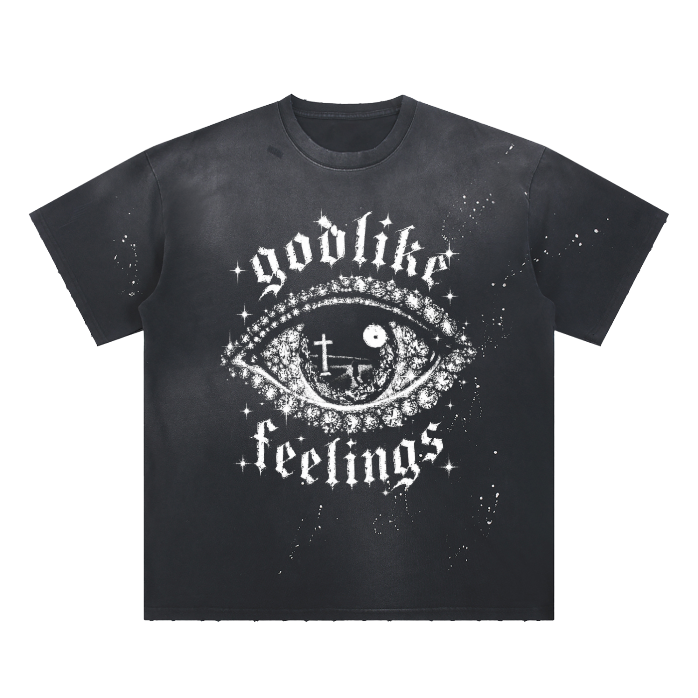 Godlike Feelings Hand-Frayed Sunfade Paint Splatter T-Shirt
